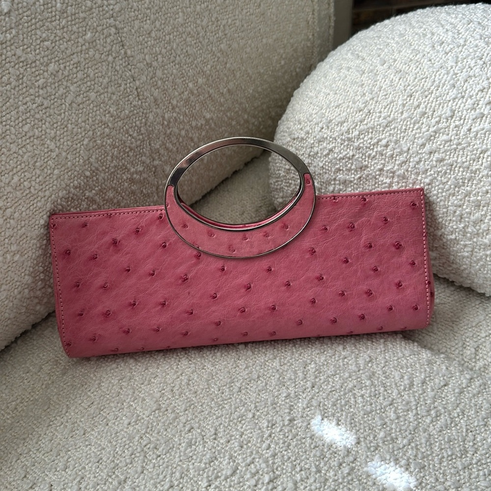 Pink genuine ostrich pouch clutch Ema G Firenze mini bag
